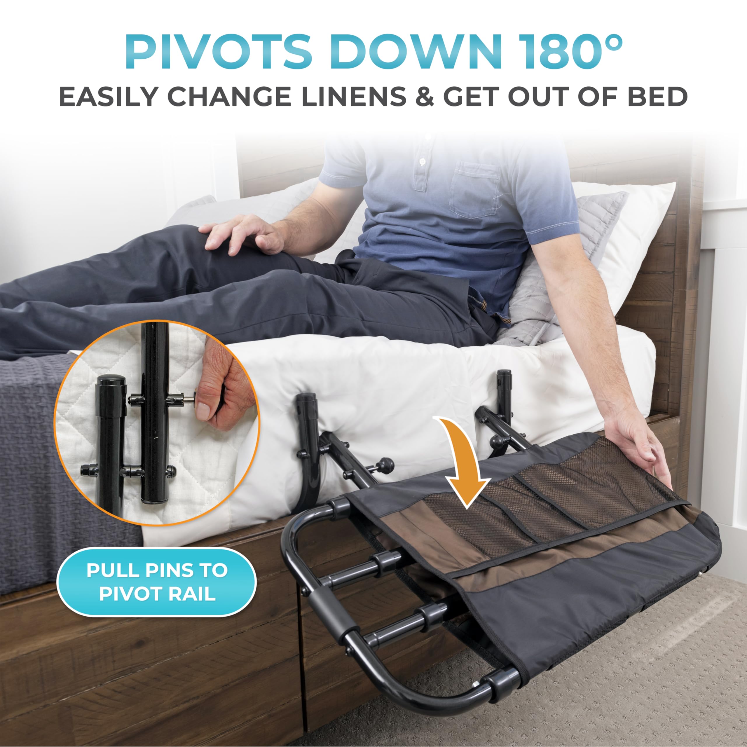 Stander EZ Adjust Bed Rail organizer pouch keeps essentials within reach.