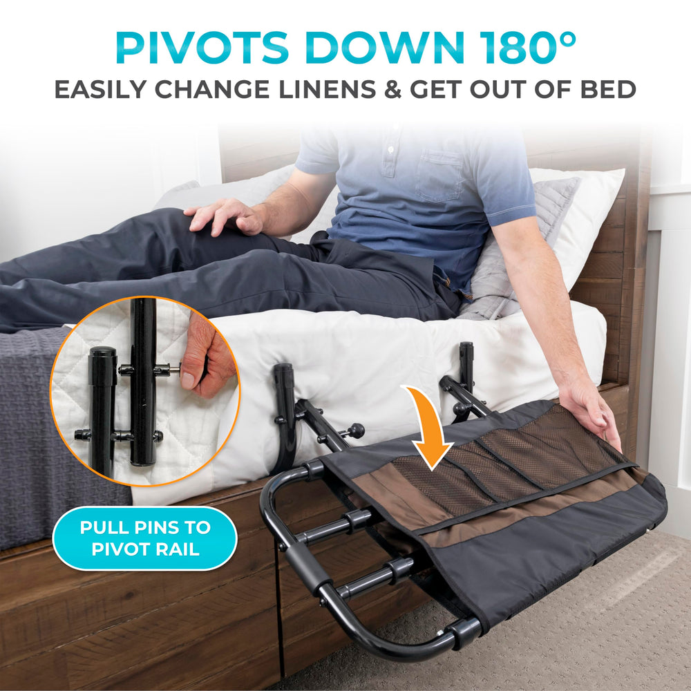 Stander EZ Adjust Bed Rail organizer pouch keeps essentials within reach.