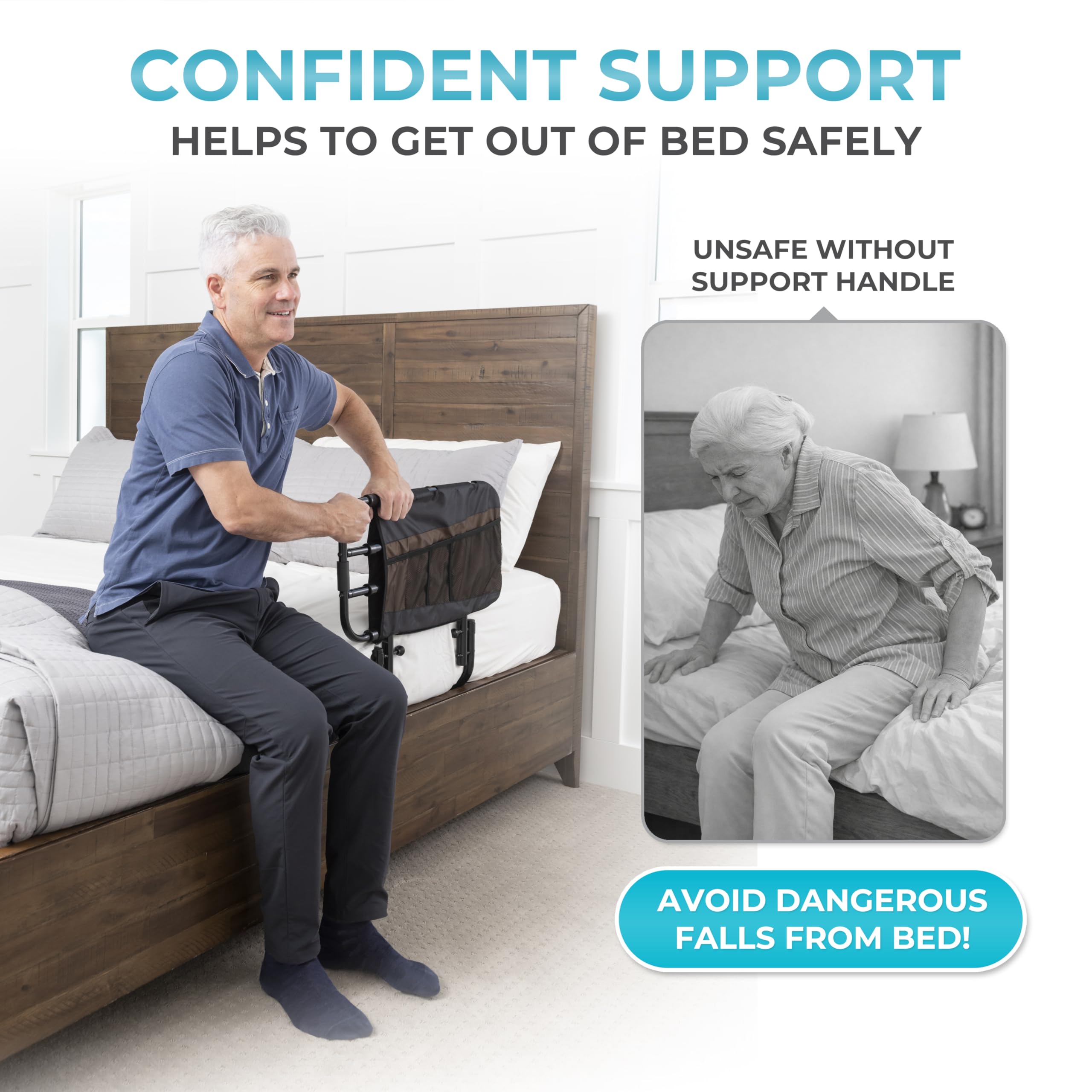 Stander EZ Adjust Bed Rail folds to the side for quick bed care.
