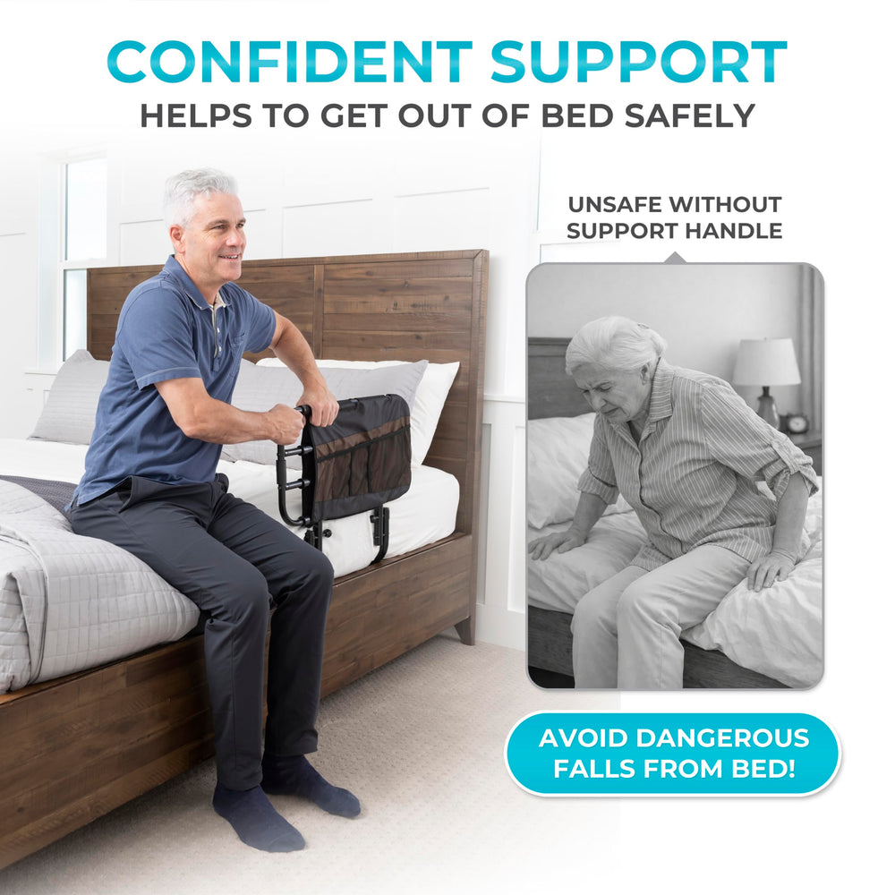 Stander EZ Adjust Bed Rail folds to the side for quick bed care.