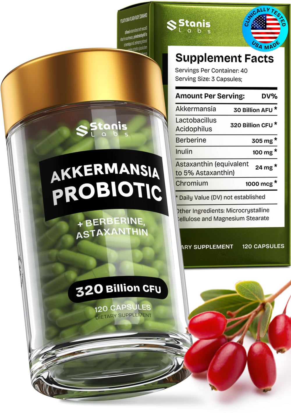 Stanis Labs Akkermansia Muciniphila bottle with enteric-coated capsules for gut support