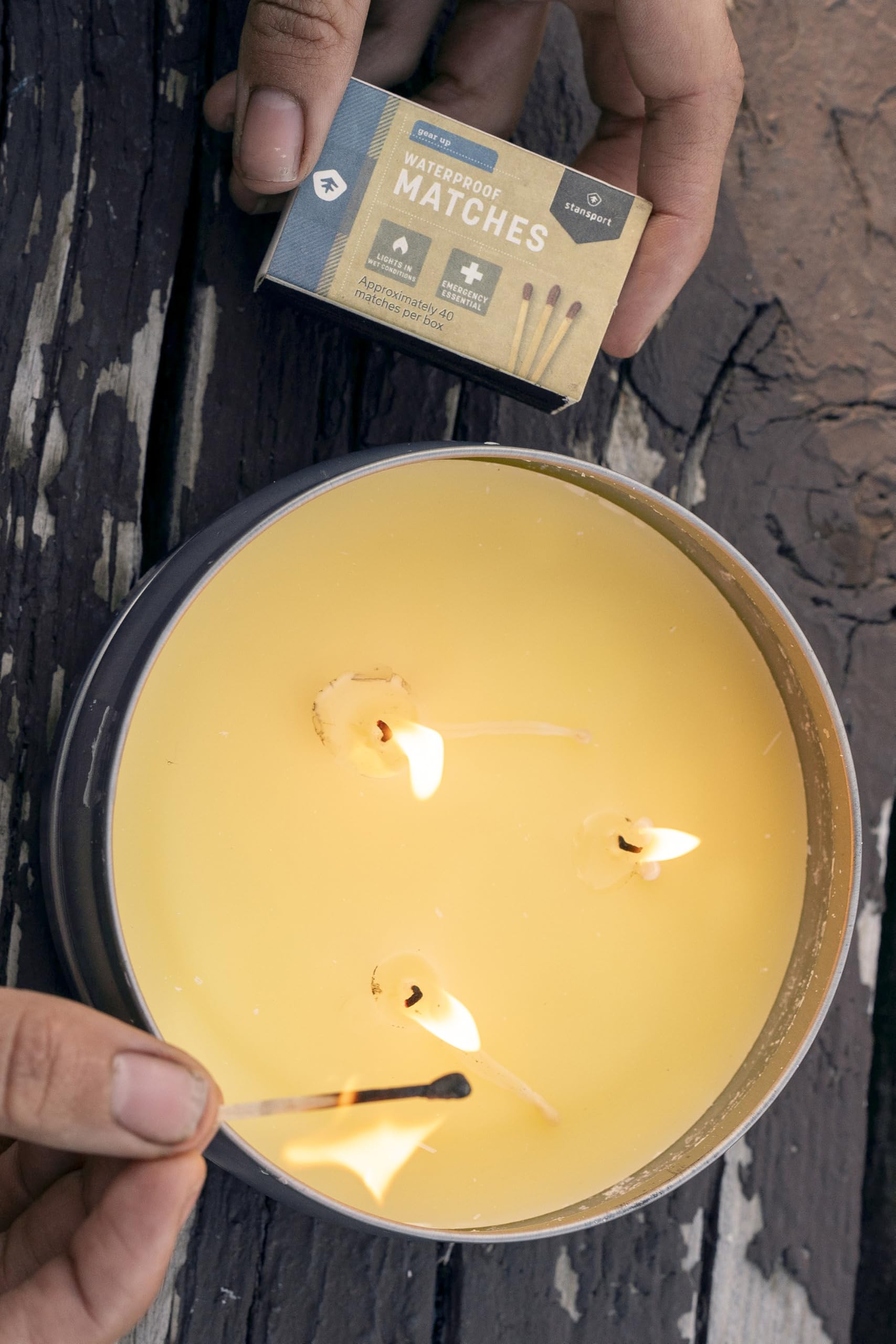 Stansport waterproof matches campfire lighting in rain-ready scenario