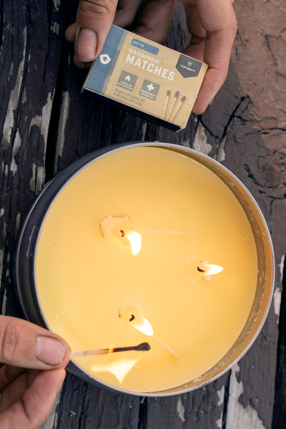 Stansport waterproof matches campfire lighting in rain-ready scenario