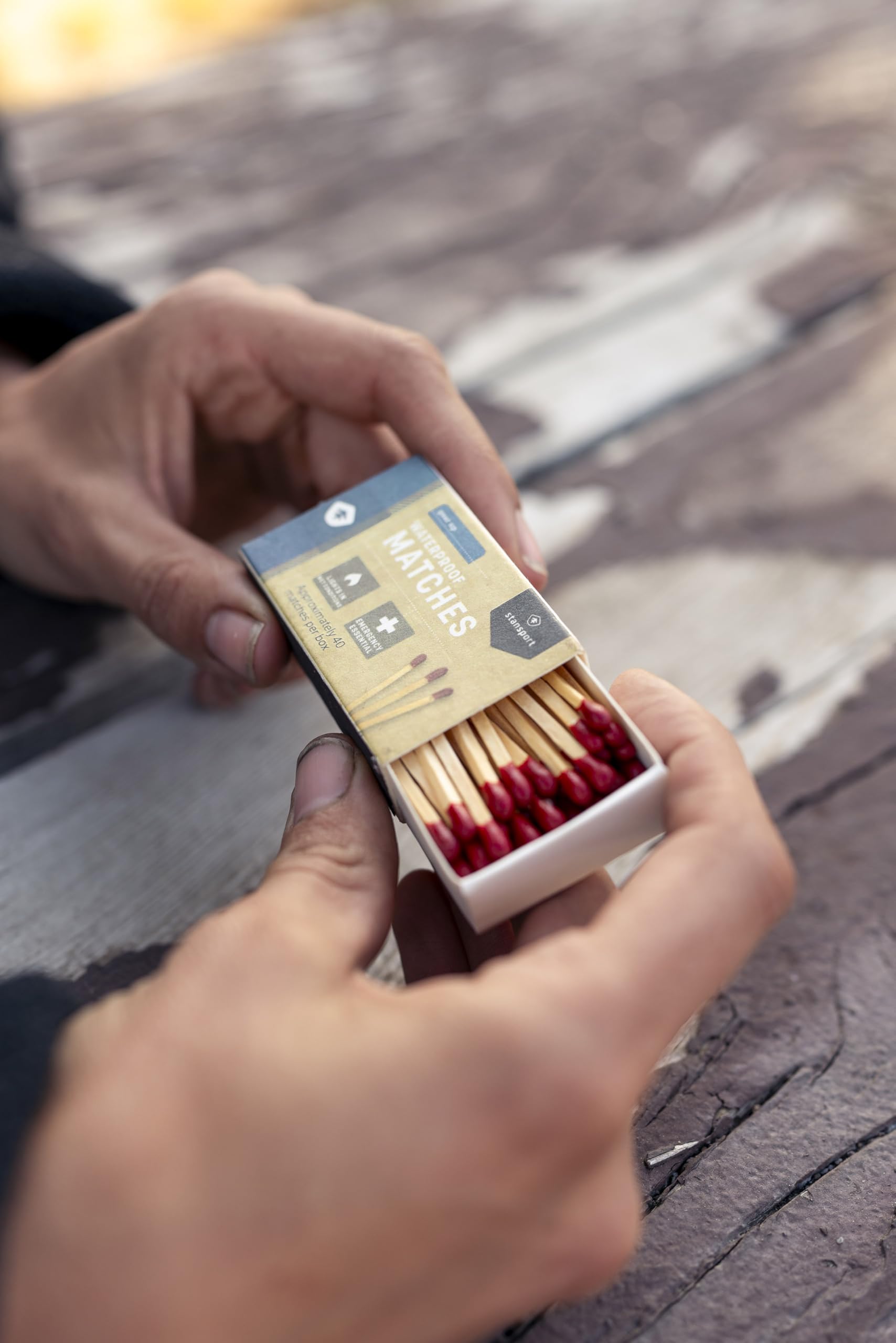 Stansport waterproof matches emergency-kit packaging demonstrates compact backup fire-starting solution