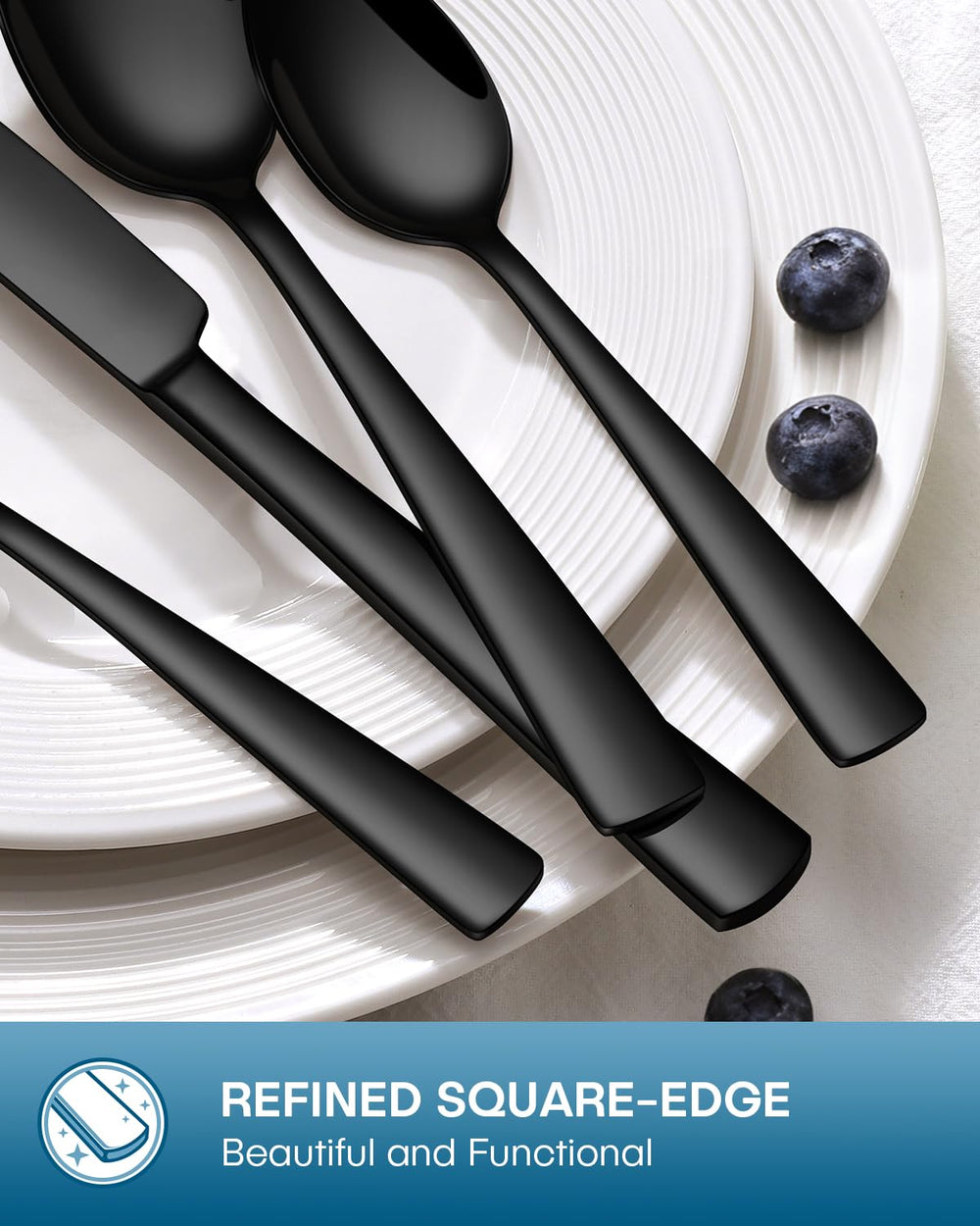 Stapava 20pc black silverware set dishwasher safe feature.