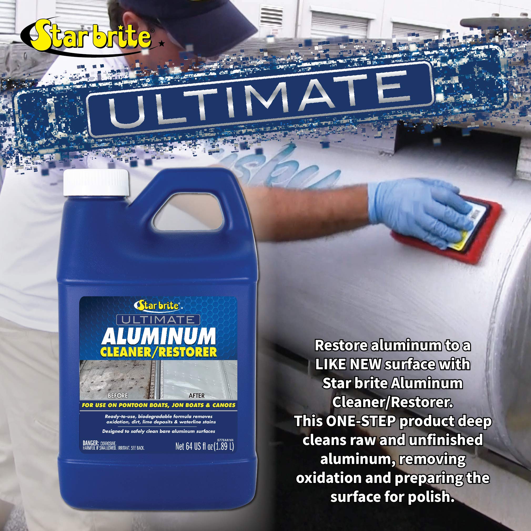 STAR BRITE Aluminum Restoration before after demonstrates removing dullness and oxidation on aluminum surfaces.