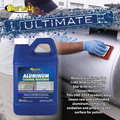 STAR BRITE Aluminum Restoration before after demonstrates removing dullness and oxidation on aluminum surfaces.