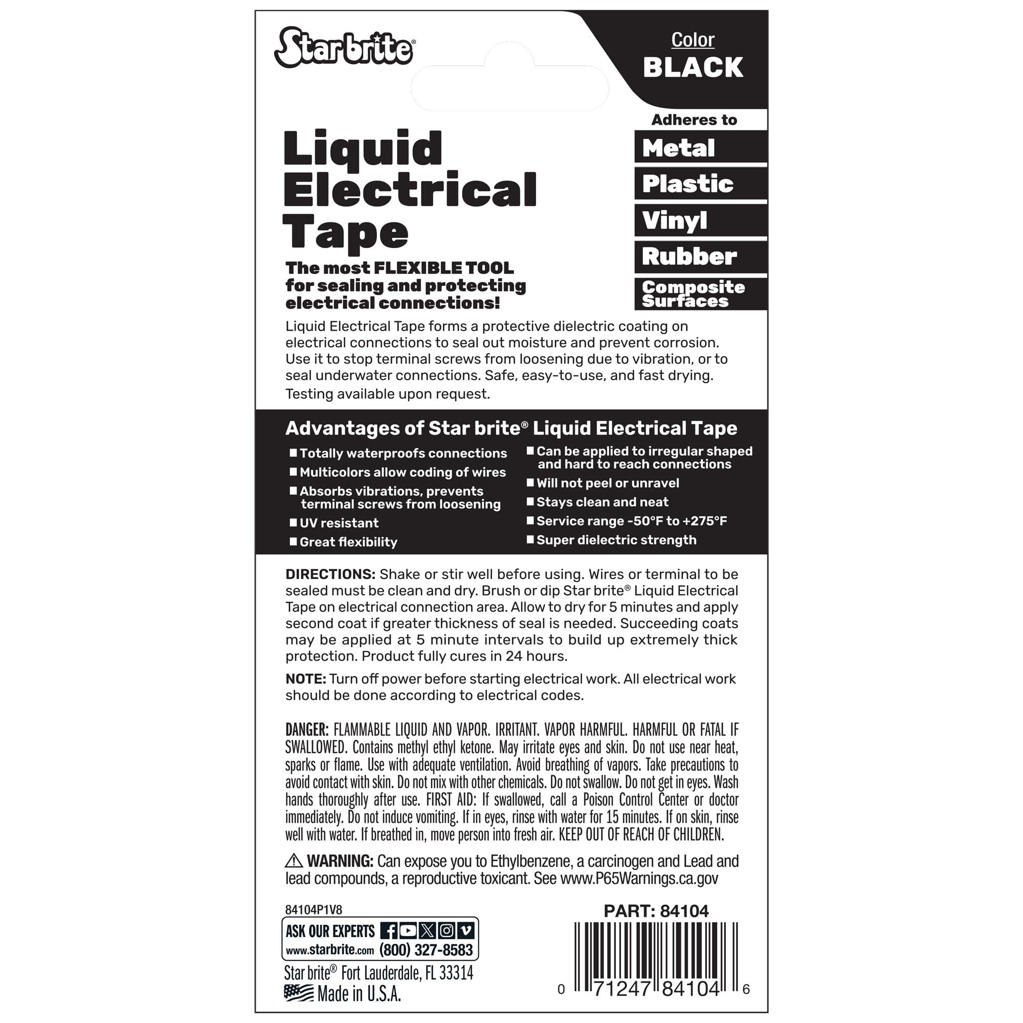 STAR BRITE Liquid Electrical Tape forms a waterproof coating on cables and splices.