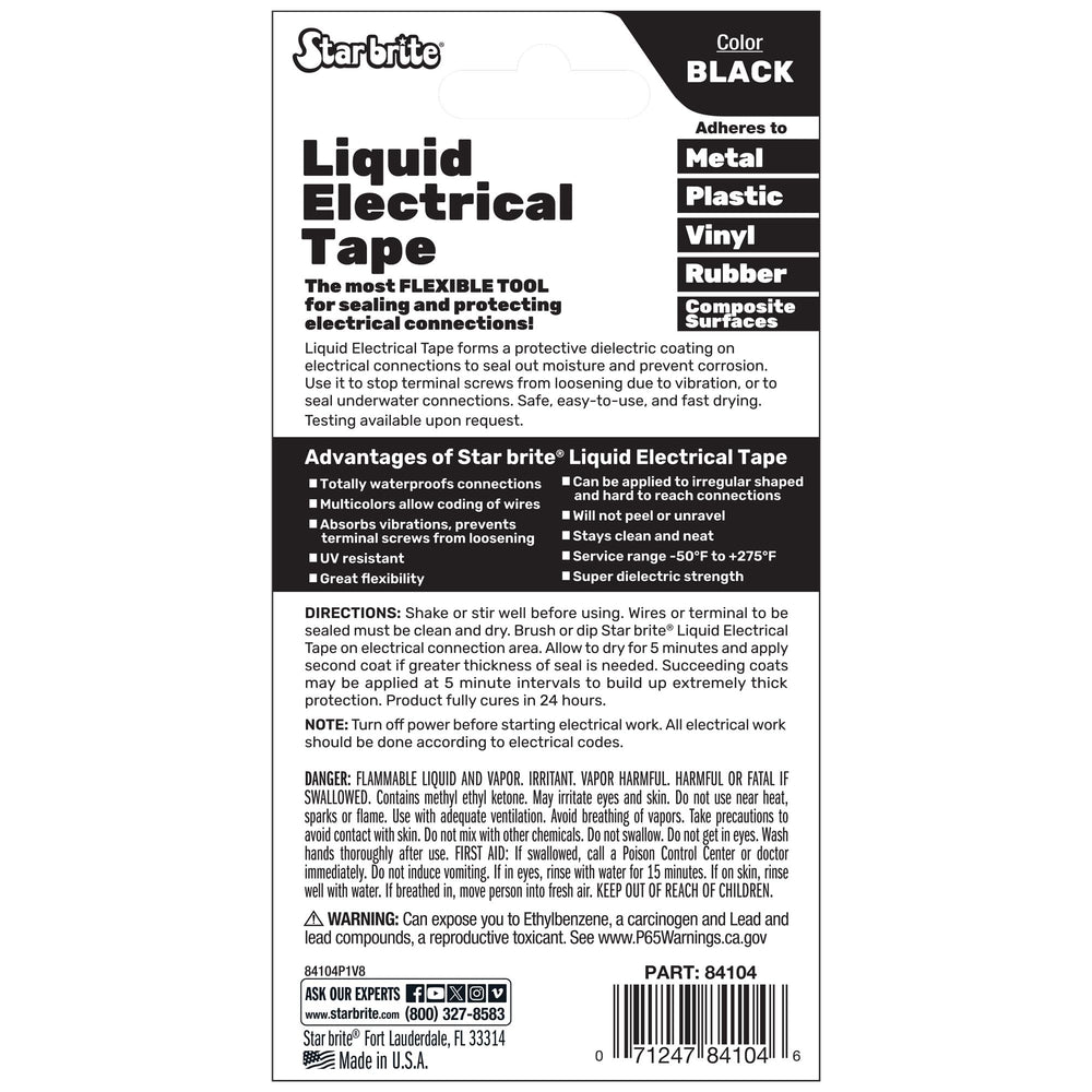 STAR BRITE Liquid Electrical Tape forms a waterproof coating on cables and splices.