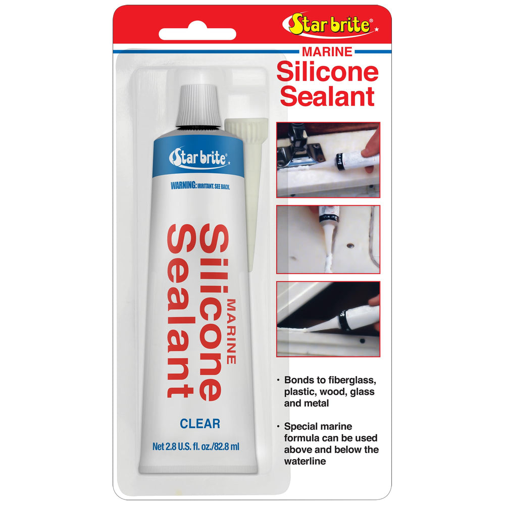STAR BRITE Marine Silicone Sealant in black tube seals fiberglass joints against water exposure.