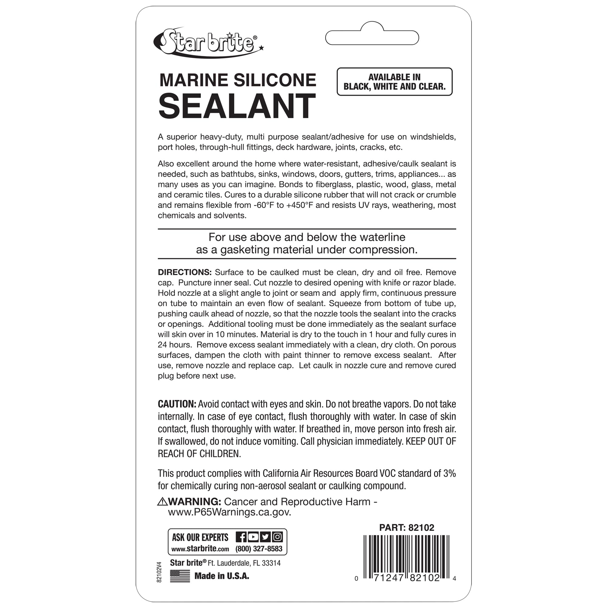 STAR BRITE Marine Silicone Sealant in clear tube creates invisible, flexible seals on glass and plastic.