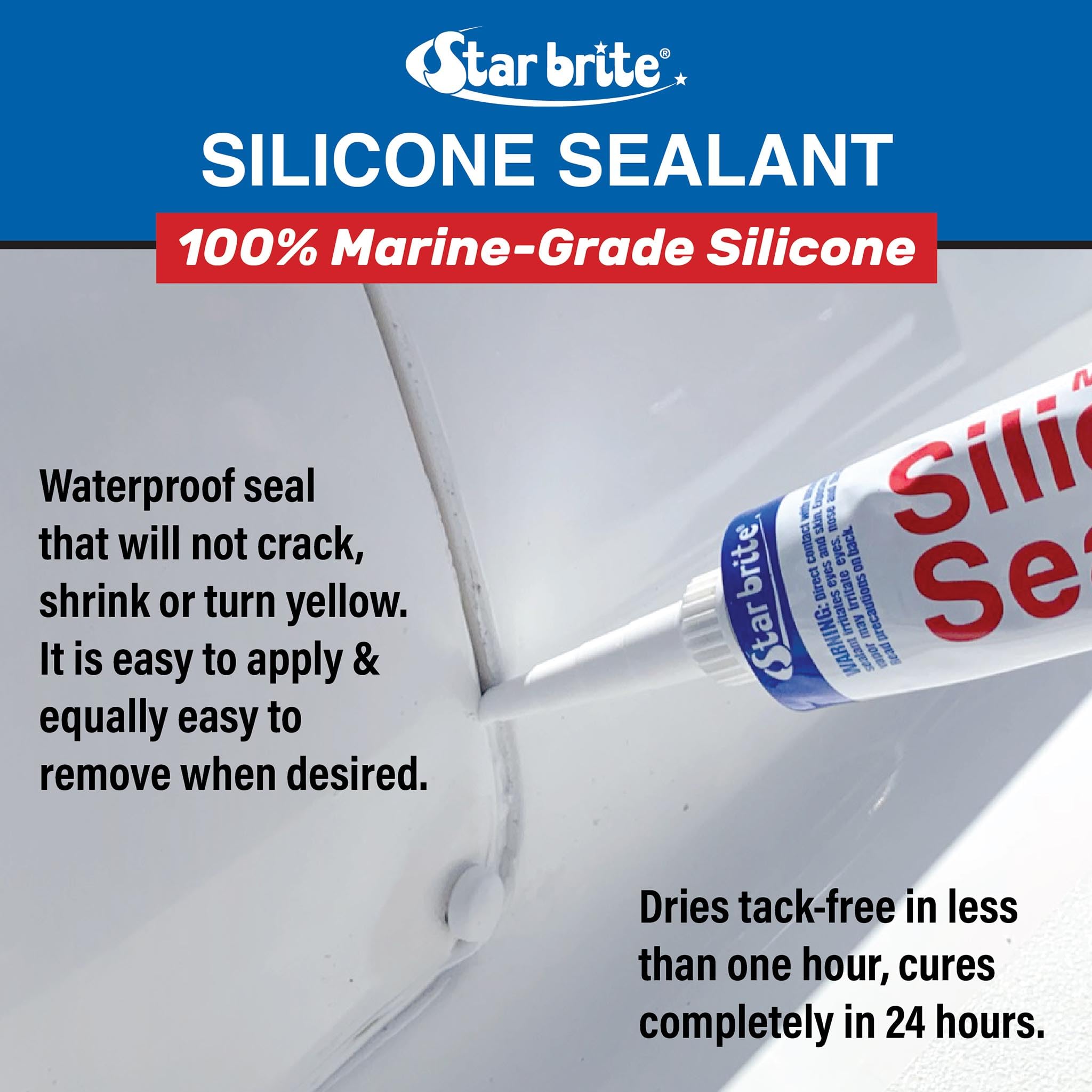 STAR BRITE Marine Silicone Sealant bonds to fiberglass for reliable above-waterline and underwater repairs.