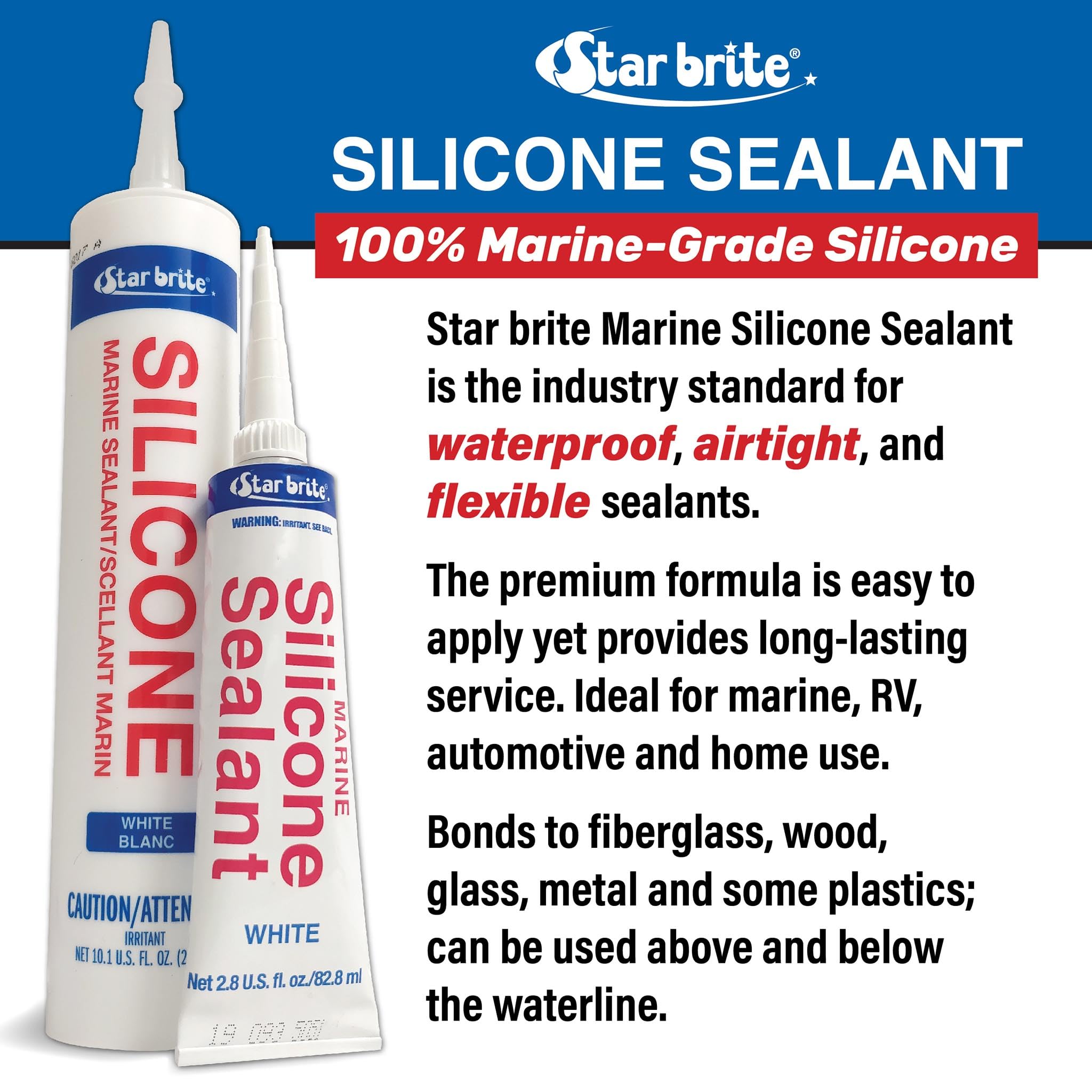 STAR BRITE Marine Silicone Sealant suited for portholes and joints exposed to water for years.