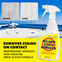 STAR BRITE mold stain remover on vinyl upholstery removes mildew efficiently.