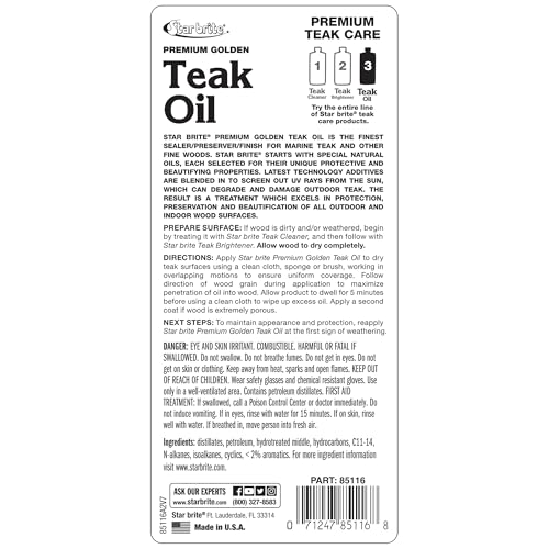STAR BRITE Golden Teak Oil on wood finish enhancing warm golden color on teak