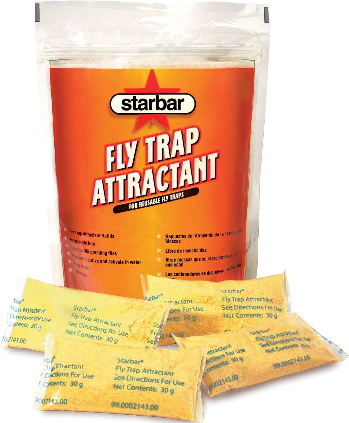 Starbar Fly Trap Refills with 8x30g pouches ready to dissolve in water for activation.