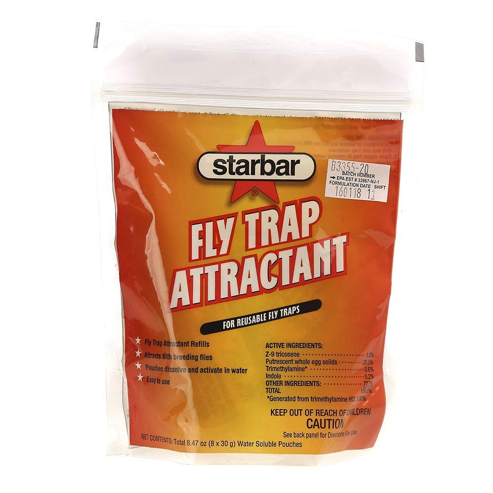 Starbar refill pouches dissolve in water to attract flies for reusable traps.