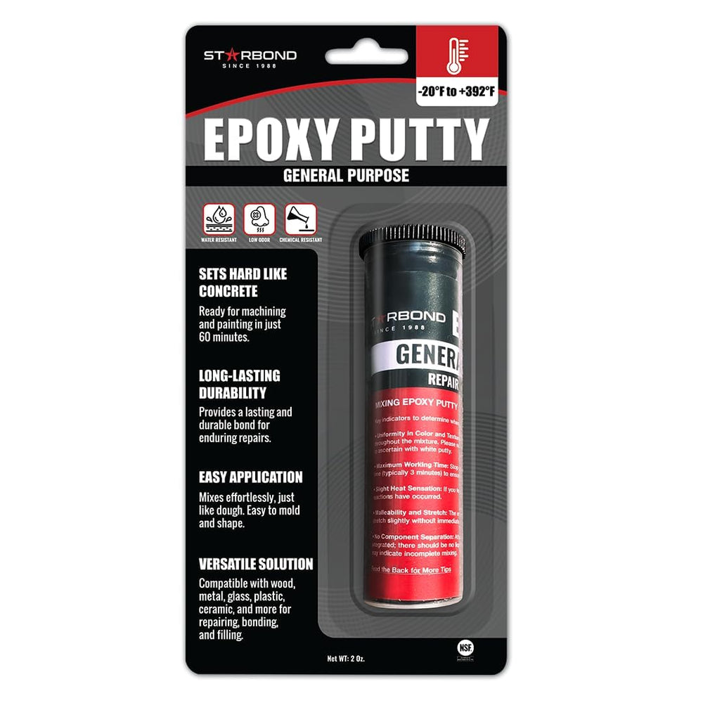 Starbond 2oz black epoxy putty stick closeup for precise metal repairs.