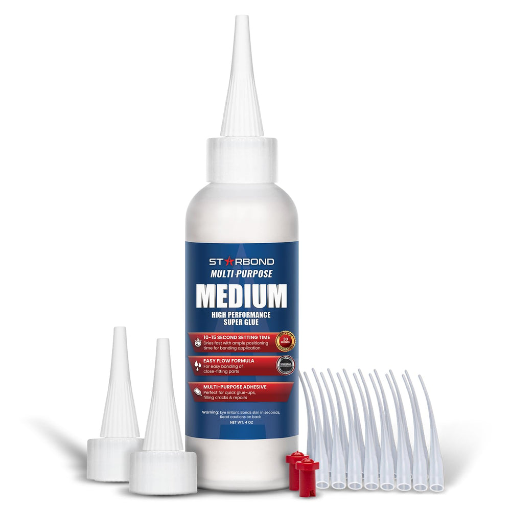 Starbond 4 oz medium CA glue with extra cap for precise wood bonding.