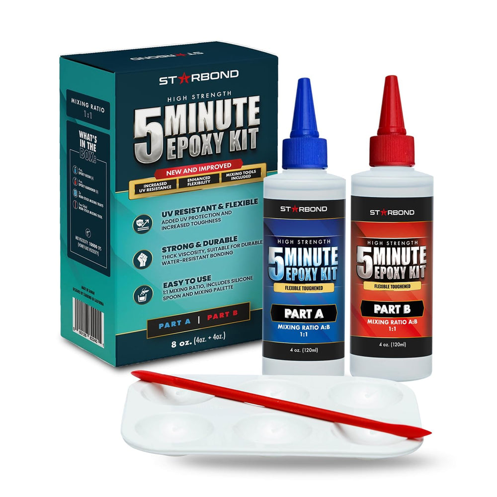Starbond 8 oz XL epoxy bottle enables fast, clear bonds on metal and wood.