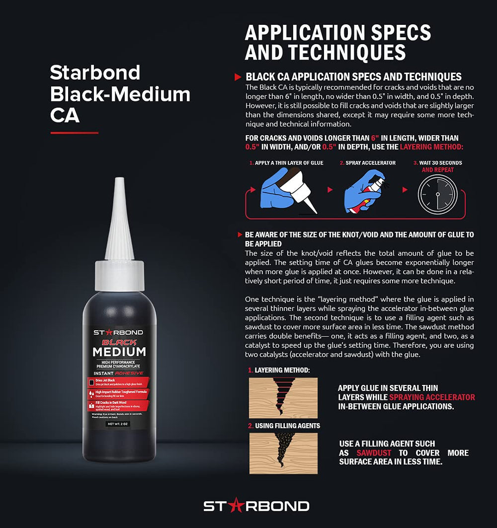 Starbond Black Medium CA Glue precision tip for controlled application.