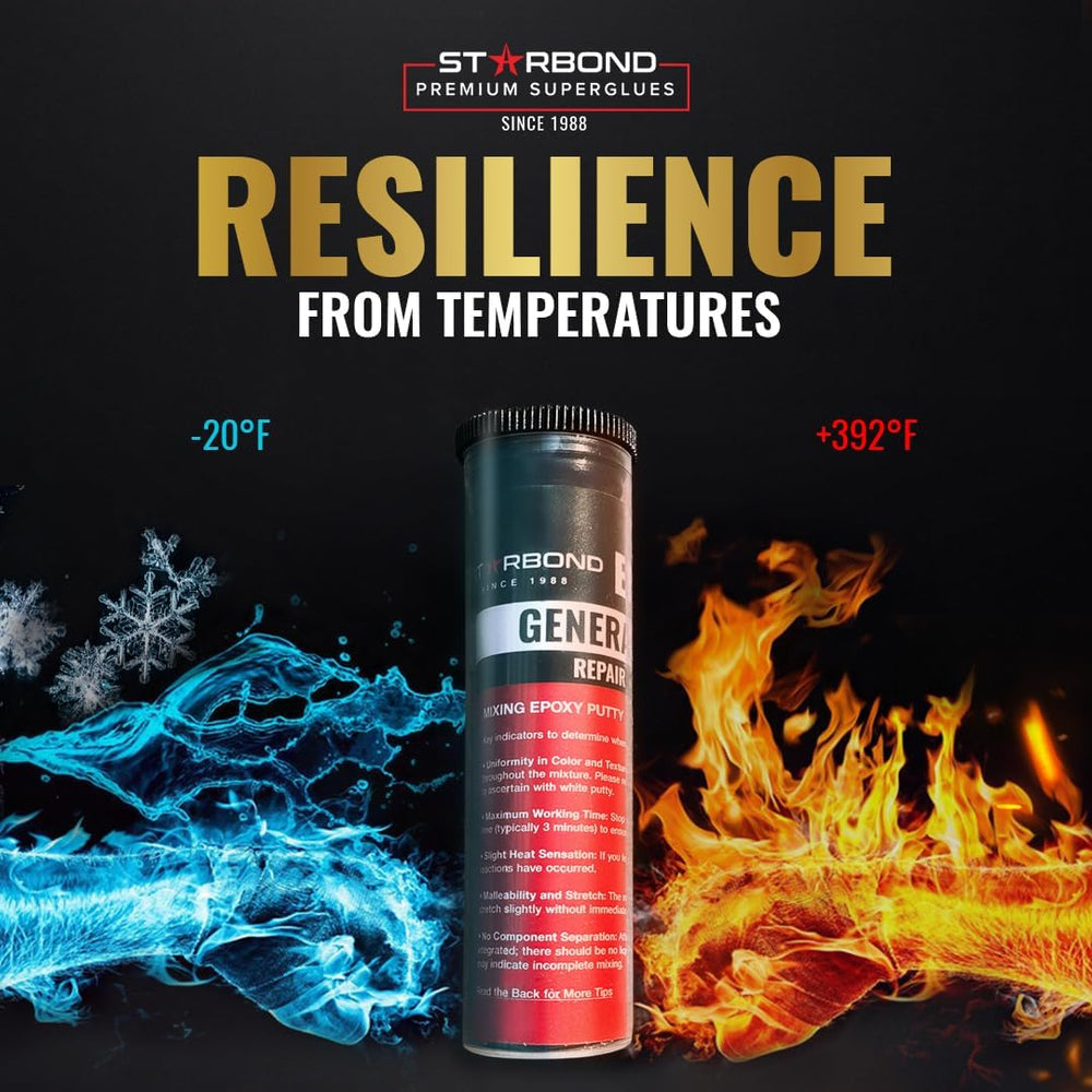 Starbond epoxy putty bonds metal surfaces for a durable fix.