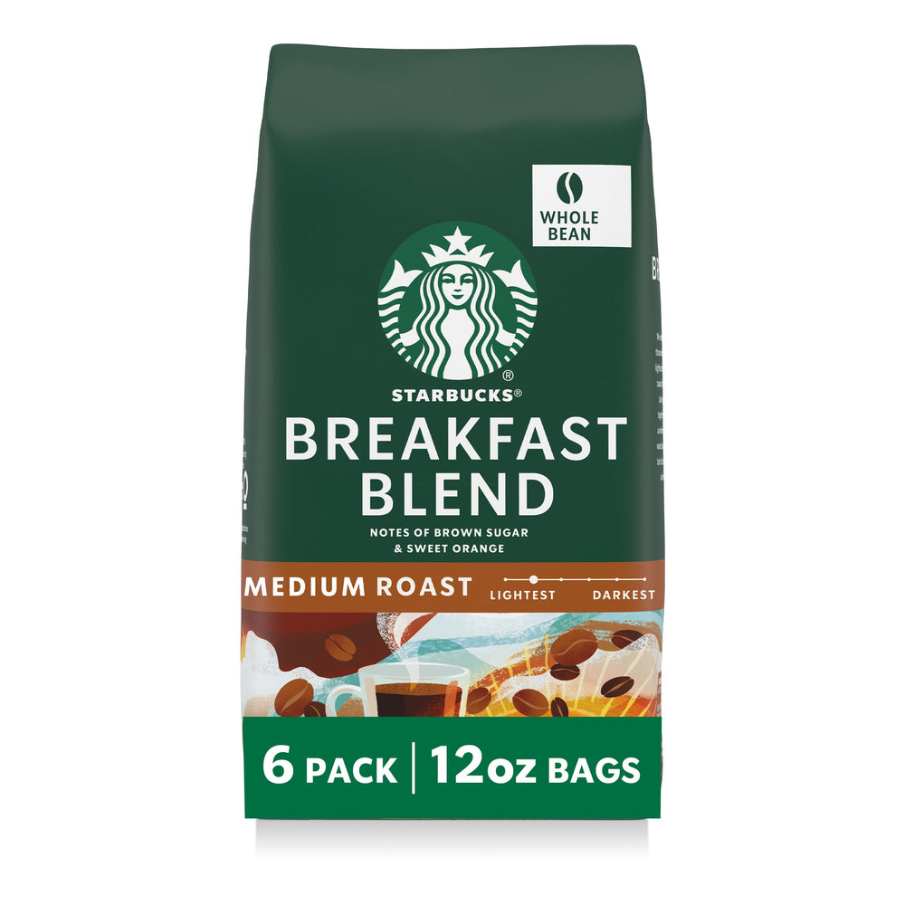 Starbucks Breakfast Blend bag front showing fresh whole bean coffee for easy morning brewing