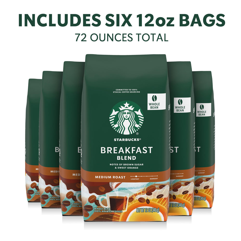Starbucks Breakfast Blend coffee beans closeup highlighting light roast notes