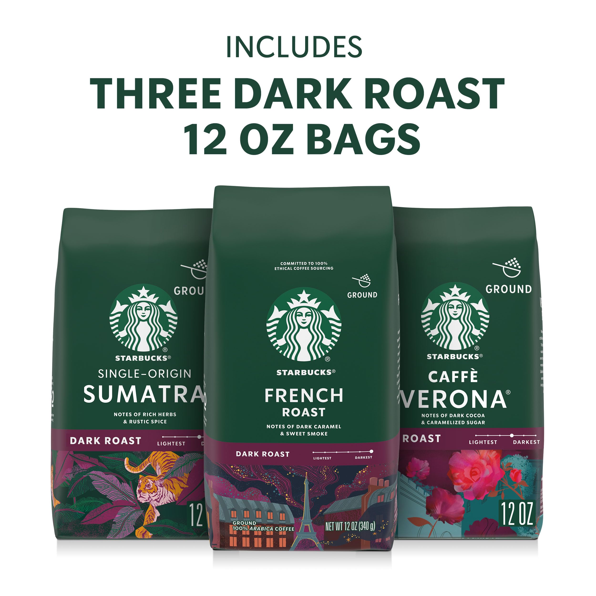 Starbucks Caffè Verona 12oz bag highlighting dark cocoa and caramelized sugars.