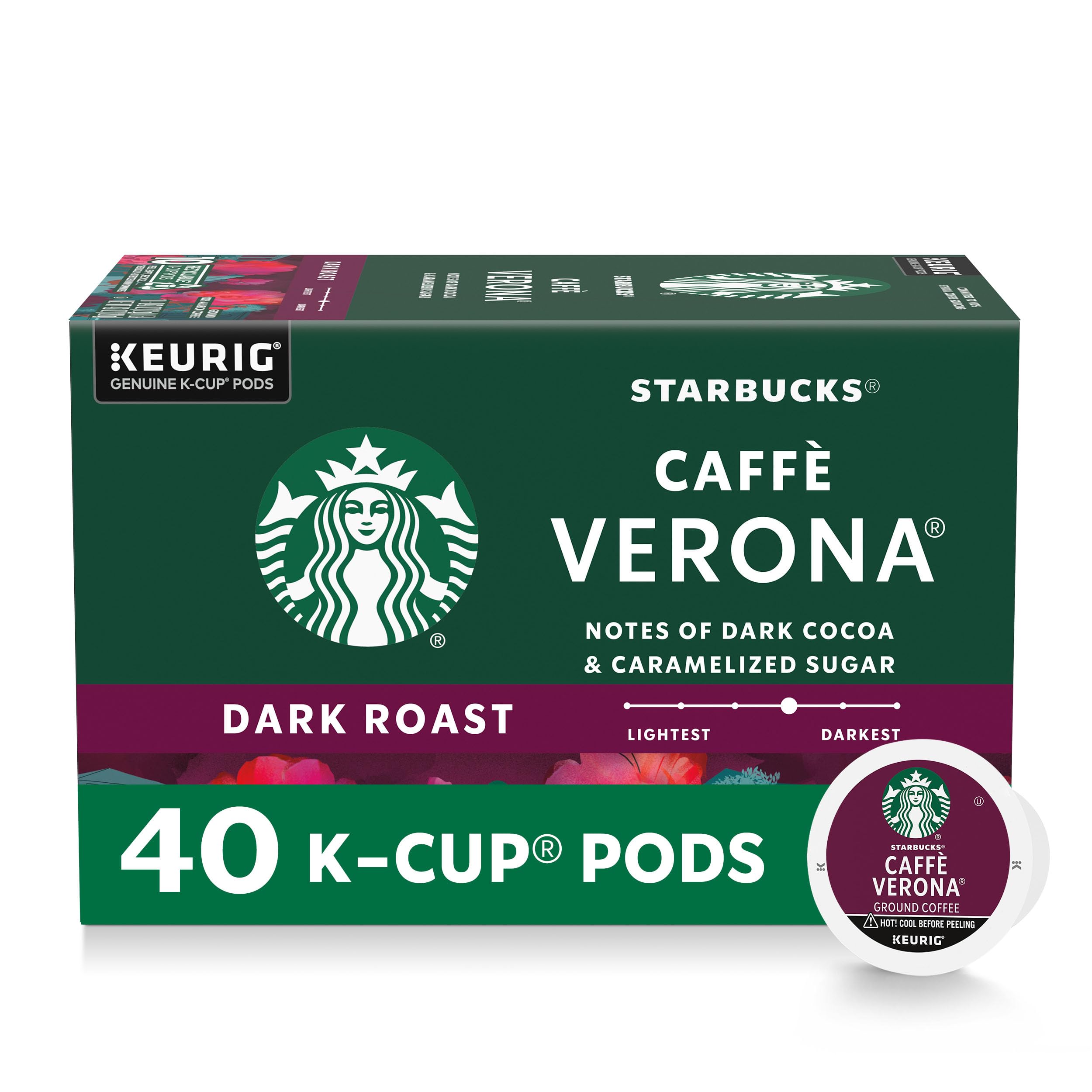 Starbucks caffe-verona dark roast K-Cup box front for home brewing.