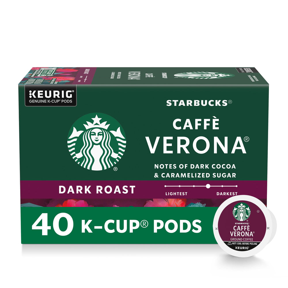 Starbucks caffe-verona dark roast K-Cup box front for home brewing.