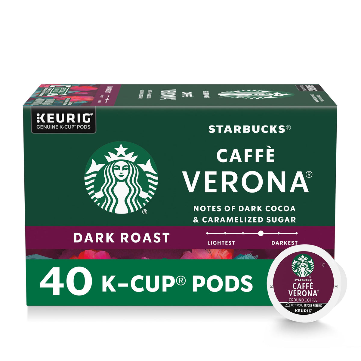 Starbucks caffe-verona dark roast K-Cup box front for home brewing.