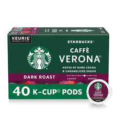 Starbucks caffe-verona dark roast K-Cup box front for home brewing.