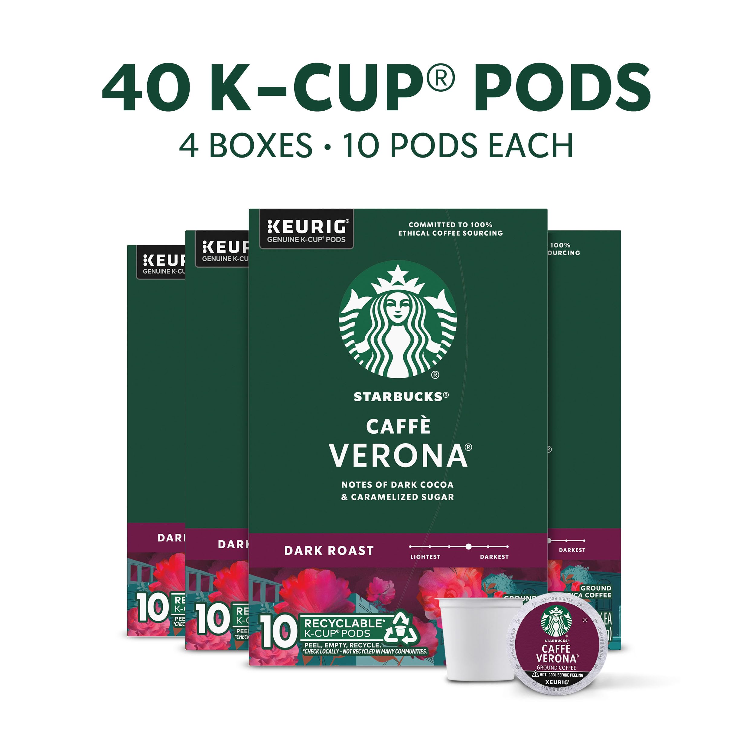 Close-up of a Starbucks caffe-verona K-Cup pod showing rich texture for a bold cup.