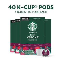 Close-up of a Starbucks caffe-verona K-Cup pod showing rich texture for a bold cup.