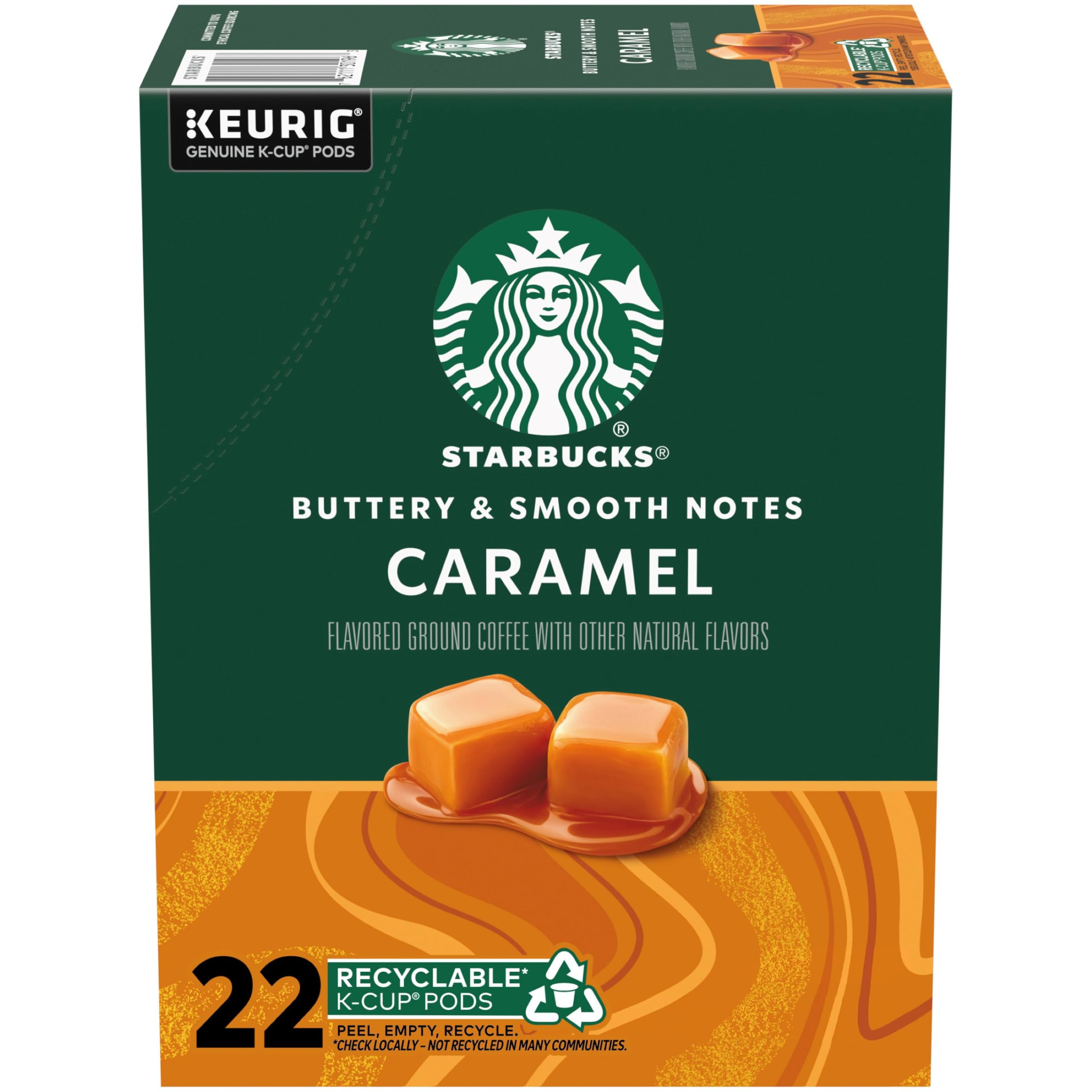 Starbucks Caramel K-Cup pods offer convenient at-home premium coffee in a 22-count box.