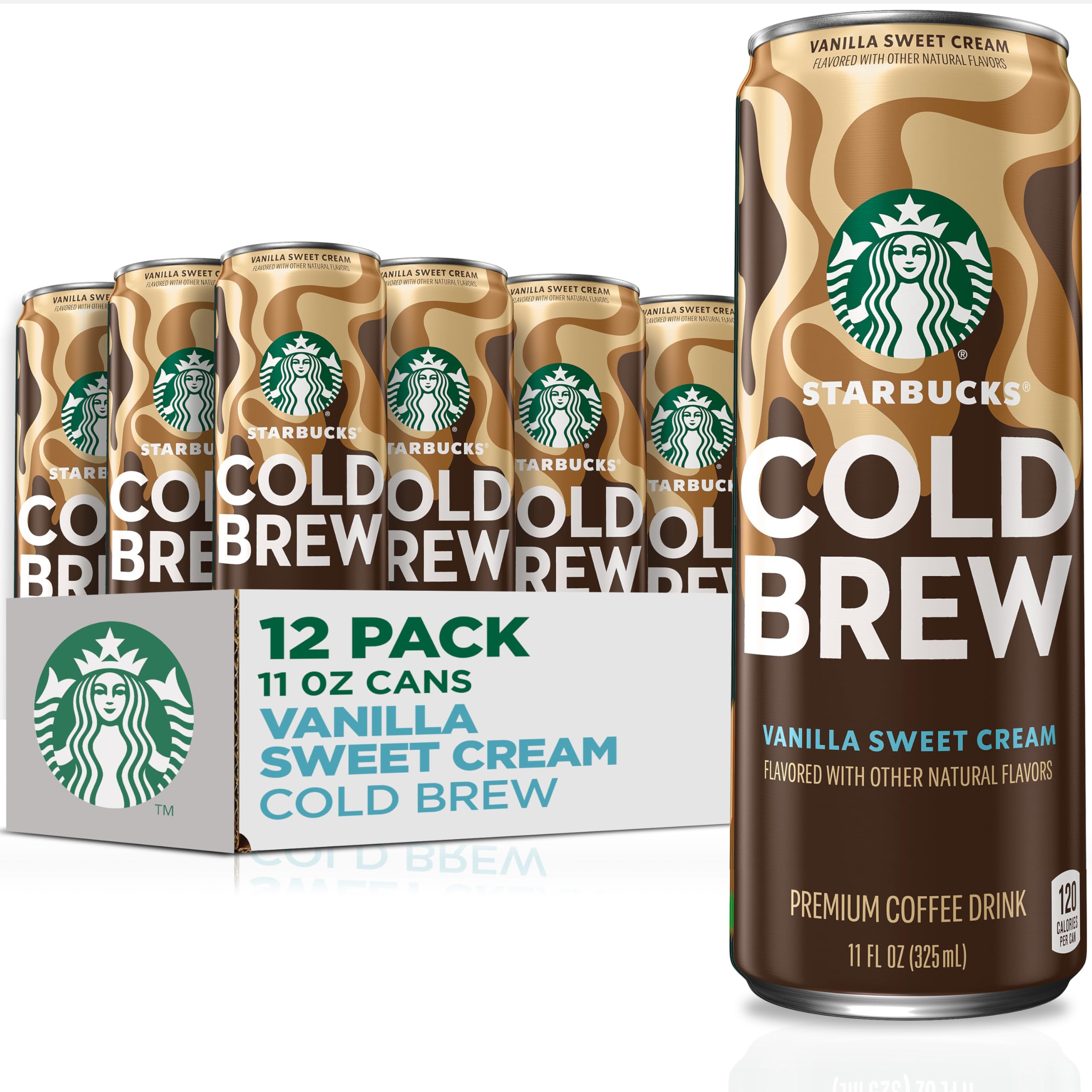 Starbucks Cold Brew Vanilla Sweet Cream cans show 11 oz portions for a ready-to-drink treat.