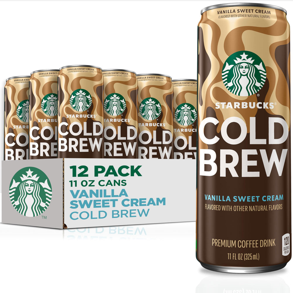Starbucks Cold Brew Vanilla Sweet Cream cans show 11 oz portions for a ready-to-drink treat.