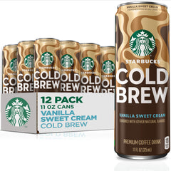 Starbucks Cold Brew Vanilla Sweet Cream cans show 11 oz portions for a ready-to-drink treat.
