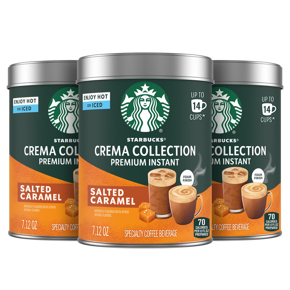 Starbucks Crema Collection Salted Caramel instant coffee tin front, premium packaging and convenience.