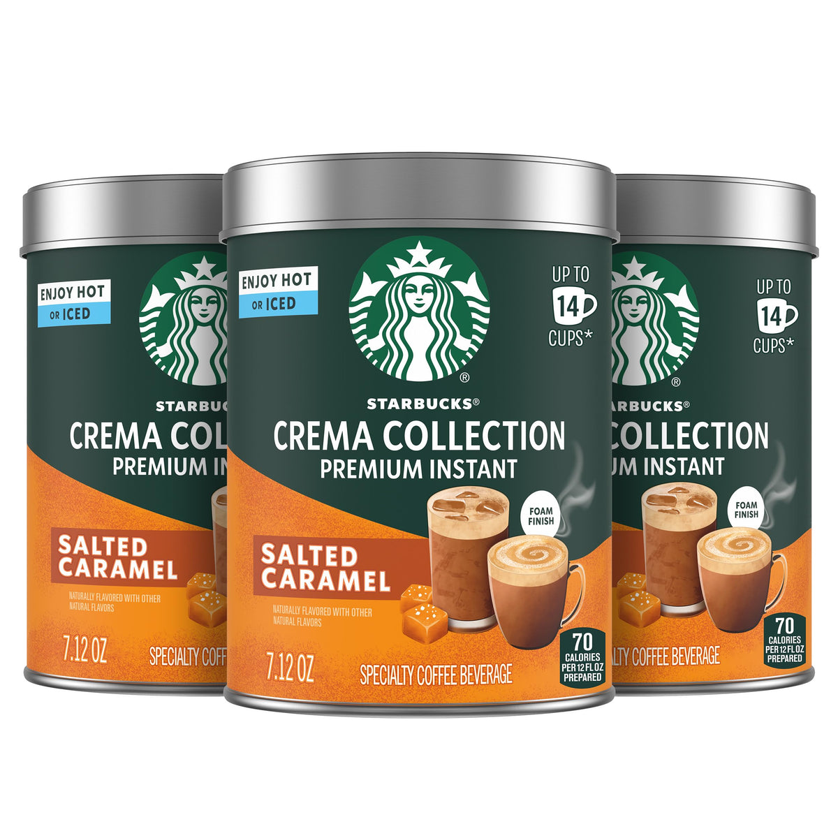 Starbucks Crema Collection Salted Caramel instant coffee tin front, premium packaging and convenience.