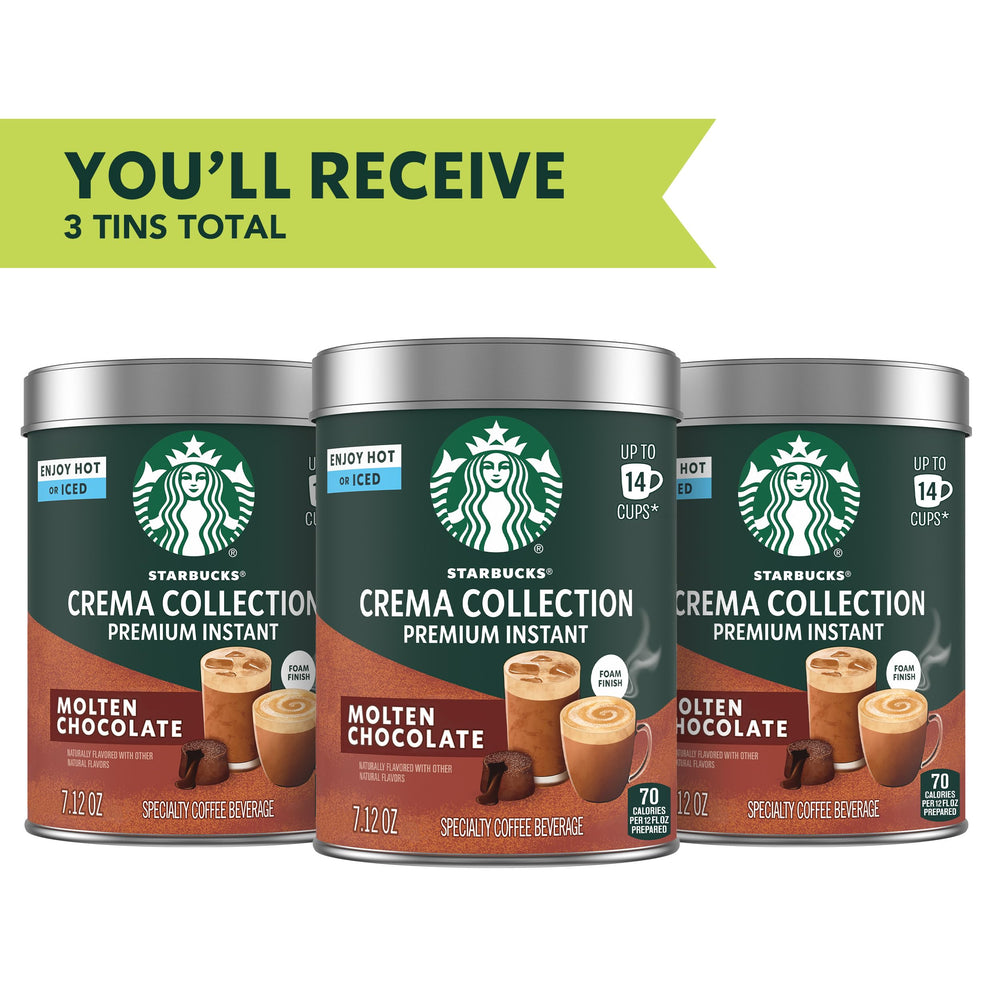 Three-tin display of Starbucks Crema Molten Chocolate for convenient gifting.
