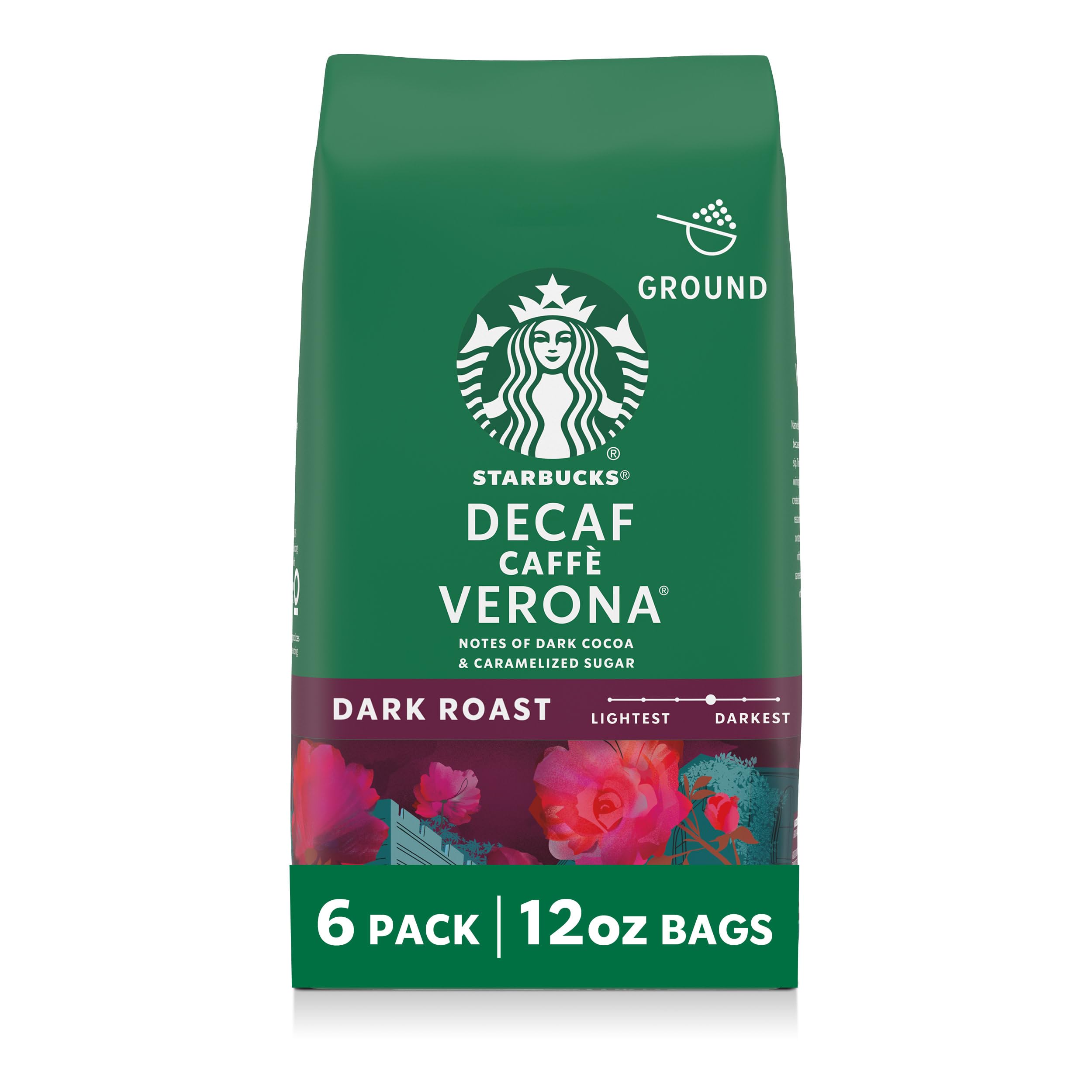 Starbucks Decaf Caffè Verona ground coffee packaging for home brewing convenience.