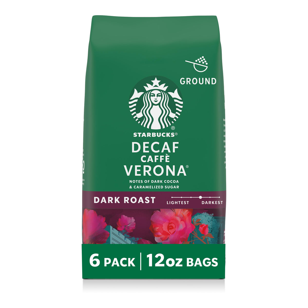 Starbucks Decaf Caffè Verona ground coffee packaging for home brewing convenience.
