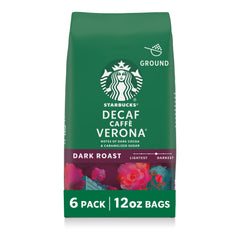Starbucks Decaf Caffè Verona ground coffee packaging for home brewing convenience.