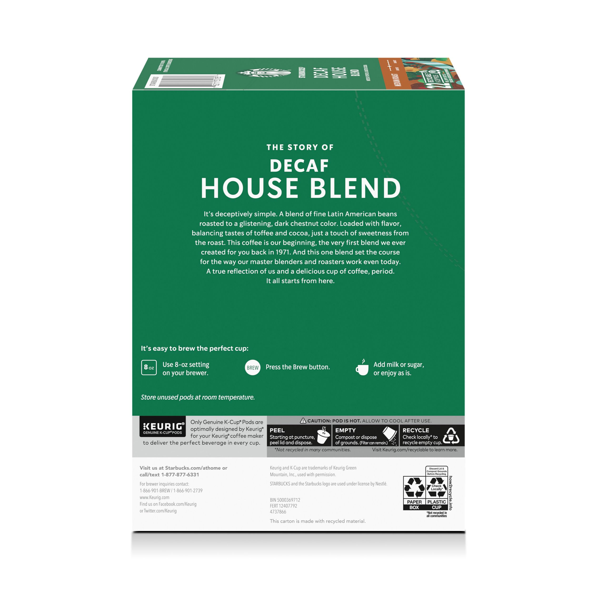 Starbucks Decaf House Blend label indicating premium Keurig compatibility