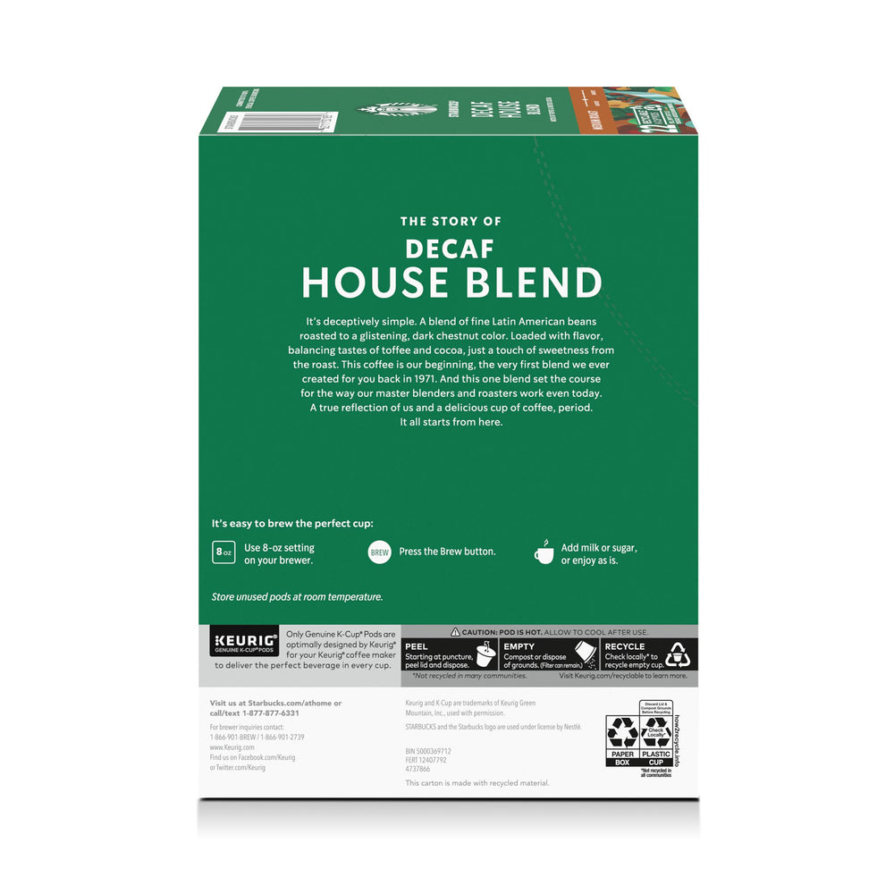 Starbucks Decaf House Blend label indicating premium Keurig compatibility