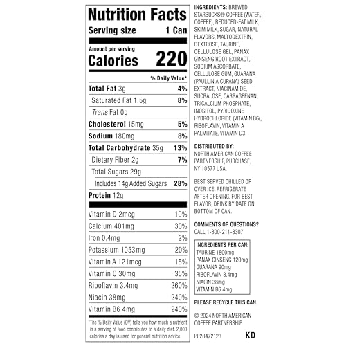 Starbucks Doubleshot Energy Coffee can side, shows ginseng and B vitamins for daytime energy