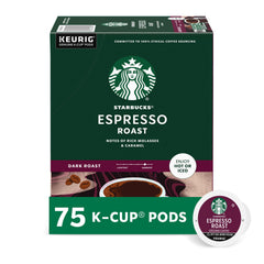 Starbucks Espresso Roast K-Cup pods box offers convenient cafe-quality caffeine at home.