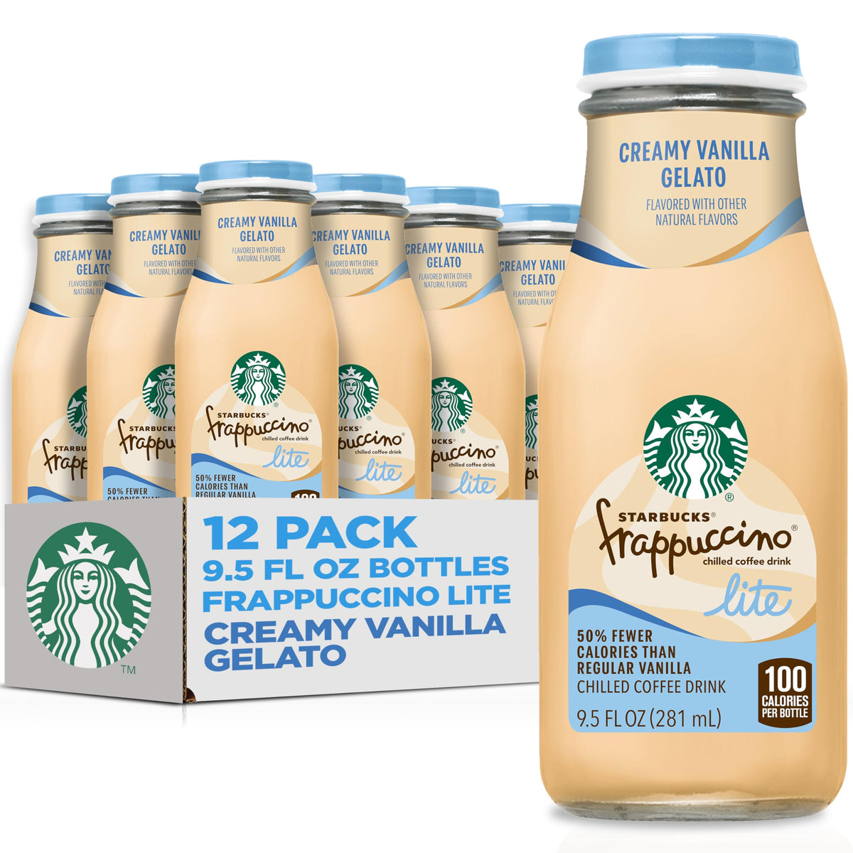 Starbucks Frappuccino Lite Vanilla Gelato bottles in a 12-pack for on-the-go mornings.